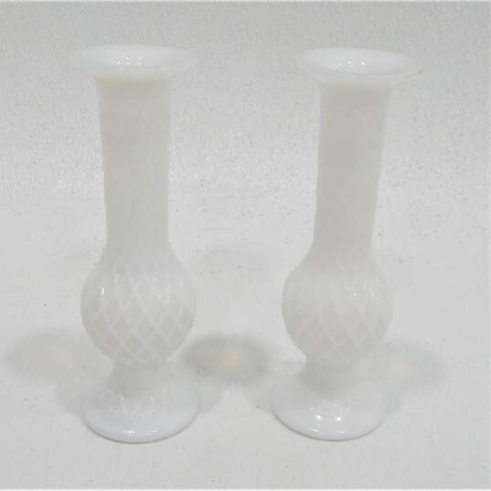 VTG E.O. Brody Milk Glass Bud Vases w/ Opalescent Hobnail Dish & Barrel Holders image number 2