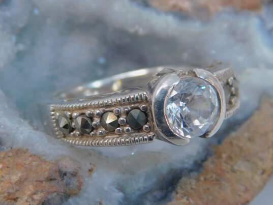 Romantic Sterling Silver Marcasite Link Bracelet Ring & CZ Ring 20.4g image number 4