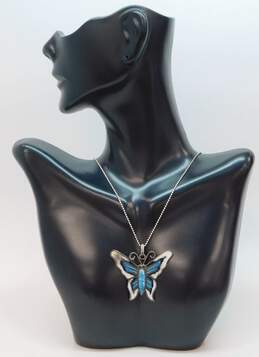VNTG 925 Sterling Silver Mexico White Blue Black Enamel Butterfly Pendant Necklace