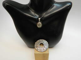 Artisan 925 Dotted Dome Stamped Oval Pendant Box Chain Necklace & Fleur De Lis Textured Open Circle Brooch 18.2g