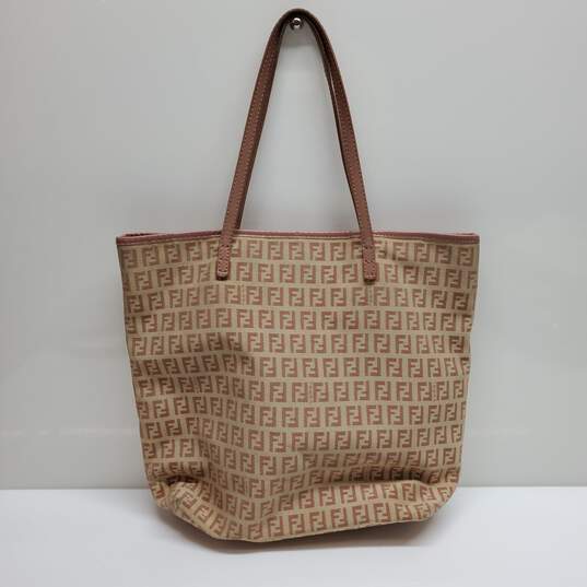 AUTHENTICATED FENDI ZUCCHINO CANVAS TAN SHOULDER BAG 12x11x4in image number 1