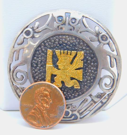 Artisan 925 Sterling Silver & 18k Yellow Gold Peruvian Etched Brooch Pin 11.9g image number 4