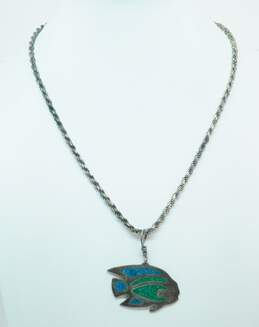 Taxco Mexico 925 Crushed Green & Blue Stone Inlay Tropical Fish Pendant Twisted Chain Necklace 24.2g