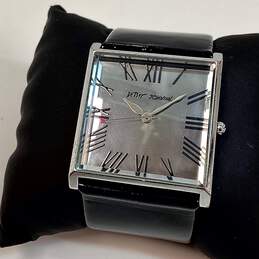 Designer Betsey Johnson Black Leather Strap Rectangle Analog Quartz Wristwatch