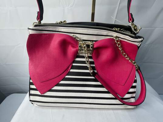 Betsey Johnson Black and White Stripes w/Hot Pink Trim Satchel Bag image number 1