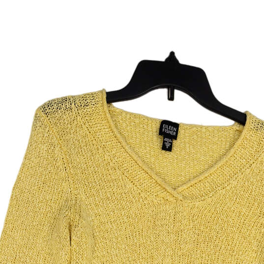 Womens Yellow Crochet V-Neck Long Sleeve Pullover Sweater Size Small image number 3