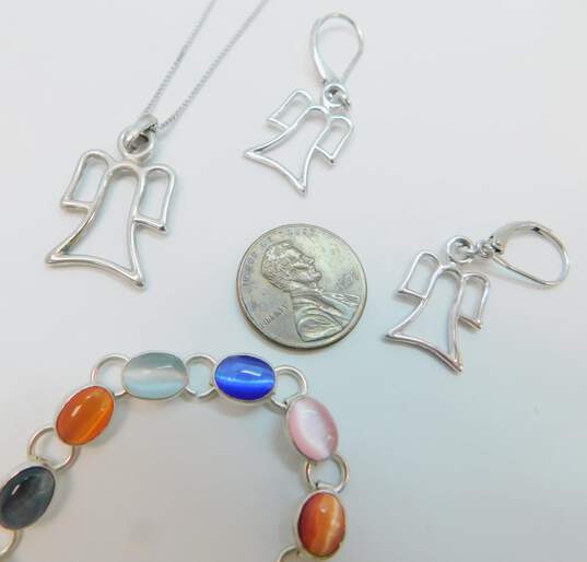 Contemporary 925 Figural Open Angel Pendant Necklace Matching Drop Earrings & Rainbow Cats Eye Cabochons Linked Toggle Bracelet 18.2g image number 3
