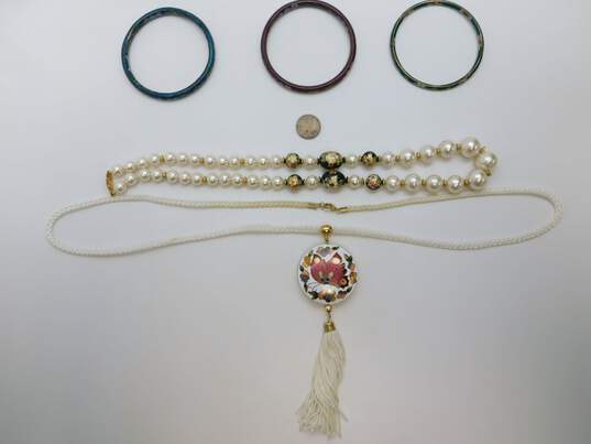 Vintage Cloisonné Faux Pearl Floral Enamel Bracelets & Necklaces 134.4g image number 8