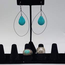 Sterling Silver Turquoise Dangle Earring Ring Sz 6 1/2 & 8 Bundle 3pcs 21.0g