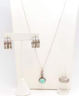 Artisan 925 Sterling Silver Faux Turquoise Pendant Necklace Scrolled Demi Hoop Earrings & Band Ring 27.5g
