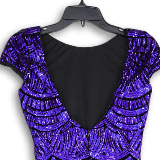 Womens Purple Sequin Cap Sleeve Round Neck Back Zip Sheath Dress Size S image number 4