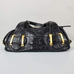 Sandra Roberts Leather Croc Embossed Shoulder Bag Black