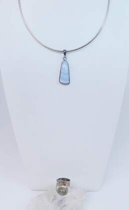 Artisan 925 Sterling Silver Blue Lace Agate Pendant Necklace & Labradorite Hammered Bypass Ring 22.2g
