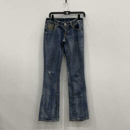 Womens Blue Denim Medium Wash Distressed Pockets Bootcut Leg Jeans Size 26