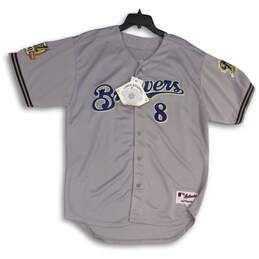 NWT Majestic Mens Gray Blue Genuine Major League Merchandise Baseball Jersey 50