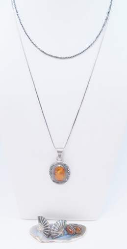 Artisan 925 Sterling Silver Amber Cabochon & Etched Ball Chain Necklaces Amber Cabochon Stud & Fan Screw Back Earrings 34.0g