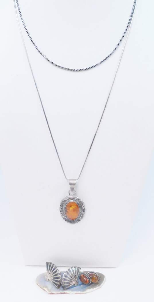 Artisan 925 Sterling Silver Amber Cabochon & Etched Ball Chain Necklaces Amber Cabochon Stud & Fan Screw Back Earrings 34.0g image number 1