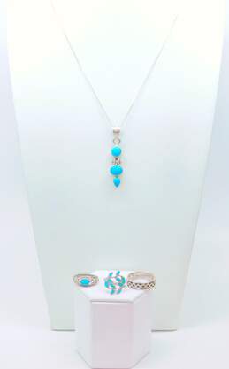 Artisan 925 Turquoise Cabochons Hinged Pendant Necklace & Inlay Leaves Waves & Celtic Knot Band Rings 17.1g