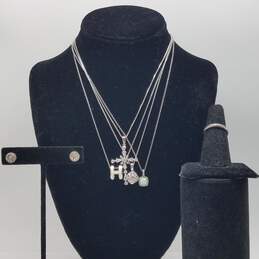 Sterling Melee Diamonds Necklace Post Earring Sz 6 1/2 Ring Bundle 6pcs 15.2g