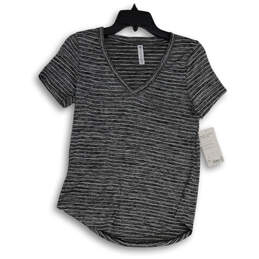 NWT Womens Gray Black Striped V-Neck Short Sleeve Activewear Top Size XSP