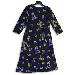 Talbots Womens Navy Yellow Floral 3/4 Sleeve Back Zip Fit & Flare Dress Size 16