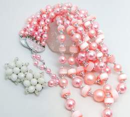 Vintage Pink & White Beaded Clip-On Earrings & Multi Strand Necklaces 198.6g