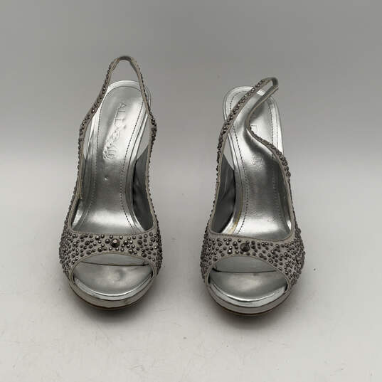 Womens Silver Leather Rhinestone Peep Toe Stiletto Slingback Heels Size 7 image number 2