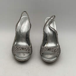 Womens Silver Leather Rhinestone Peep Toe Stiletto Slingback Heels Size 7 alternative image
