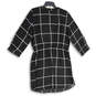 Womens Black White Check Pleated Split Neck Tie Waist Shift Dress Size L image number 2