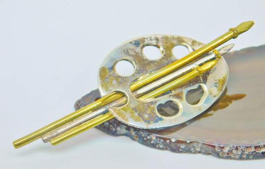 Taxco Mexico 925 & Brass Modernist Paint Palette & Brushes Art Statement Brooch 22.6g image number 1