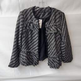Ann Taylor Black & White Tweed Knit Fringe Ruffle Peplum Striped Jacket Size 4