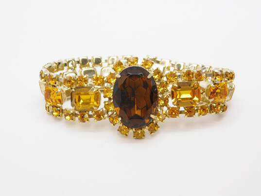 Vintage Gold Tone Amber Citrine Colored Icy Glass Rhinestone Bracelet 39.2g image number 4