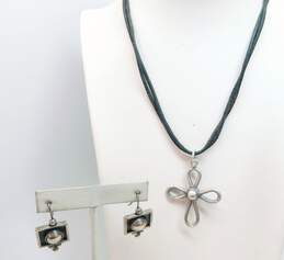 Artisan Mexico 925 & 950 Silver Modernist Cross Pendant Double Strand Black Cord Necklace & Chunky Domes Square Drop Earrings 28.6g