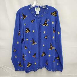 VTG Quacker Factory WM's Halloween Blue Knit Embroidered Cardigan Size L