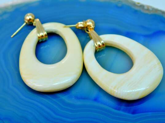 14K Gold Ball Bead Post Tapered Open Oval Wood Drop Earrings 8.1g image number 2