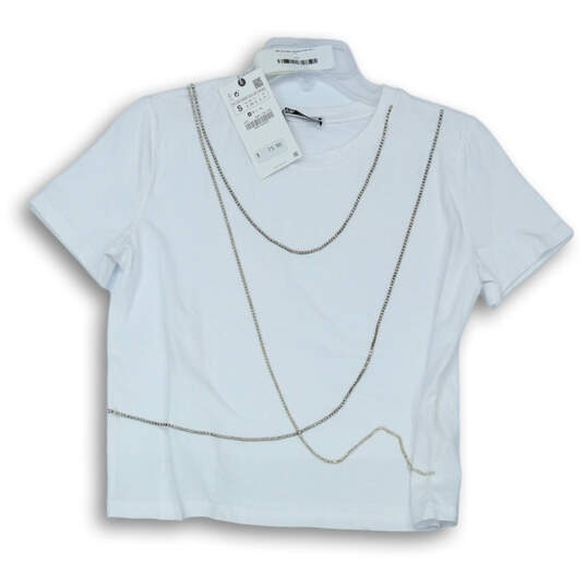 NWT Womens White Rhinestone Round Neck Short Sleeve Pullover T-Shirt Size S image number 1