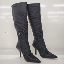 Louise et Cie Vila Black Leather Ruched Stilleto Heel Boots Women's Size 7.5