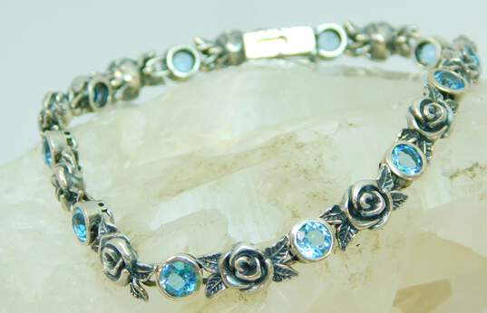 PZ Thailand 925 Sterling Silver Blue Topaz Rosebud Flower Bracelet 14.3g image number 2