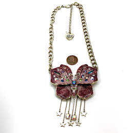 Designer Betsey Johnson Gold-Tone Pink Glitter Butterfly Pendant Necklace