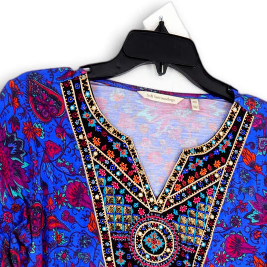 Womens Multicolor Tamuri Floral Beaded 3/4 Sleeve Pullover Tunic Top Sz PXS image number 3