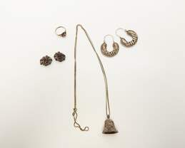 Rustic 925 Hearts Overlay Bell Pendant Necklace Leaves Chunky Hoop & Flower Screw Back Earrings & Rose Ring 42.8g
