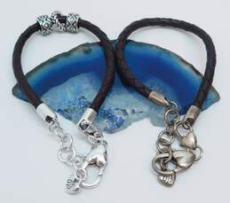 Two (2) Brighton Designer Silver Tone Leather Cord Charm Bracelets