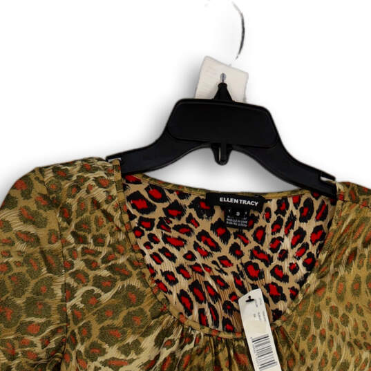 NWT Womens Brown Red Animal Print Pleated 3/4 Sleeve Blouse Top Size Small image number 3