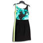 Women Black Green Floral Round Neck Sleeveless Pullover Sheath Dress Size 4 image number 2