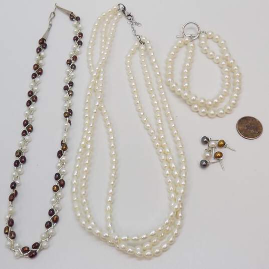Romantic 925 White Pearls Multi Strand & Brown Braided Necklaces Toggle Bracelet & Brown & Grey Pearl Post Earrings Variety 77g image number 2