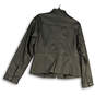 Womens Black Mock Neck Faux Leather Long Sleeve Full-Zip Jacket Size Large image number 2