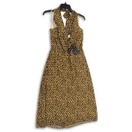 NWT Womens Yellow Black Cheetah Print Halter Neck Midi A-Line Dress Size 10