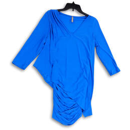 Womens Blue 3/4 Sleeve V-Neck Stretch Versatile Pullover Sheath Dress Sz L