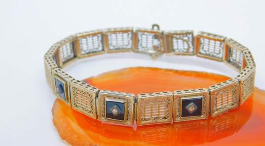 Art Deco 14k White Gold Onyx Diamond Accent Panel Bracelet 12.4g image number 3