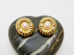 Christian Dior Goldtone Faux Pearl & Rhinestone Accents Ridged Oval Clip On Earrings 18g
